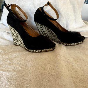 Black Vegan Suede Wedge Sandal with Raffia Heel and Ankle Strap